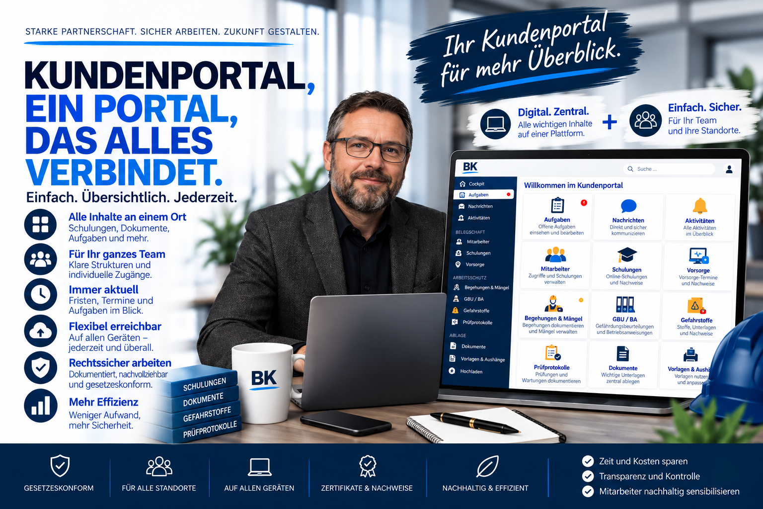 BK Arbeitsschutz Kundenportal: einfach, übersichtlich und jederzeit verfügbar; mit Portalübersicht für Aufgaben, Nachrichten, Aktivitäten und Dokumente